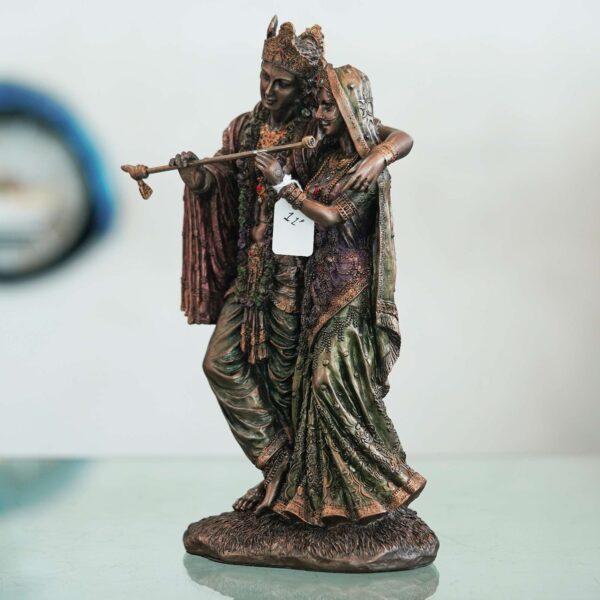 Genuine bronze Radha Krishna statue with intricate detailing—symbol of divine love, perfect for home décor, puja rituals, and gifting.