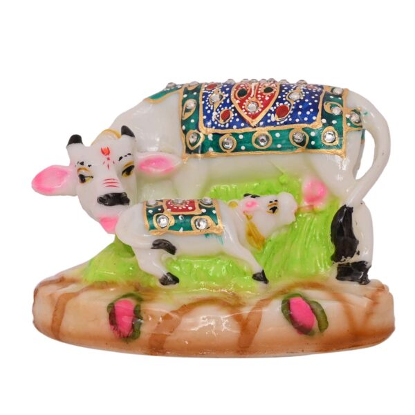 Hand-carved white marble Kamdhenu Cow and Calf statue—symbol of prosperity, blessings, and divine energy for home or office décor.