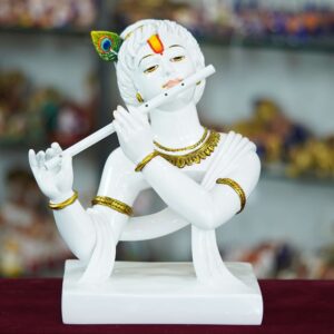Marble Lord Krishna Playing Flute Statue – Handcrafted Home Décor Idol