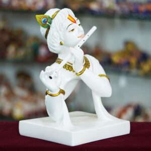 Marble Lord Krishna Playing Flute Statue – Handcrafted Home Décor Idol