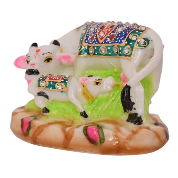 Hand-carved white marble Kamdhenu Cow and Calf statue—symbol of prosperity, blessings, and divine energy for home or office décor.