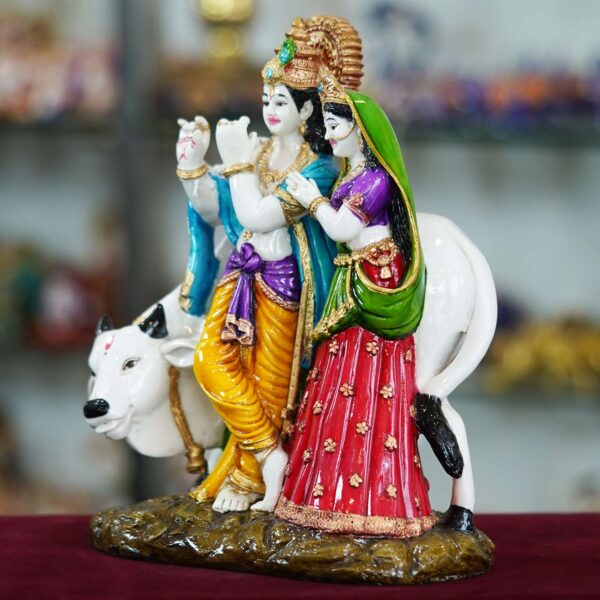 Handcrafted Resin Radha Krishna Statue with Cow – Spiritual Showpiece