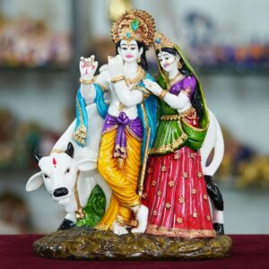 Handcrafted Resin Radha Krishna Statue with Cow – Spiritual Showpiece
