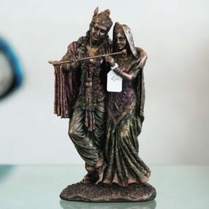 Genuine bronze Radha Krishna statue with intricate detailing—symbol of divine love, perfect for home décor, puja rituals, and gifting.