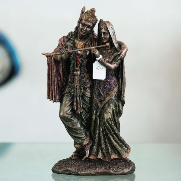 Genuine bronze Radha Krishna statue with intricate detailing—symbol of divine love, perfect for home décor, puja rituals, and gifting.