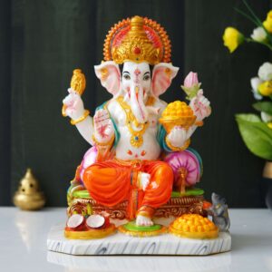 Handcrafted 13-Inch Marble Dust Ganesha Murti – White Ganpati Idol for Pooja