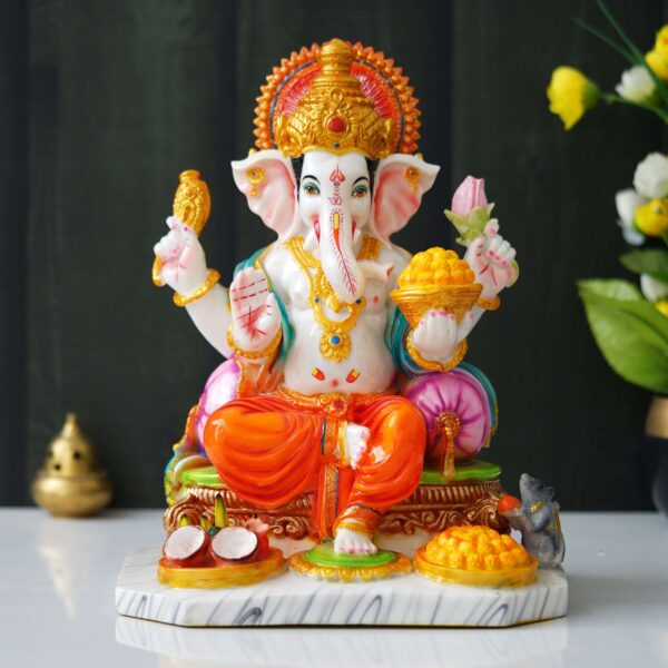 Handcrafted 13-Inch Marble Dust Ganesha Murti – White Ganpati Idol for Pooja